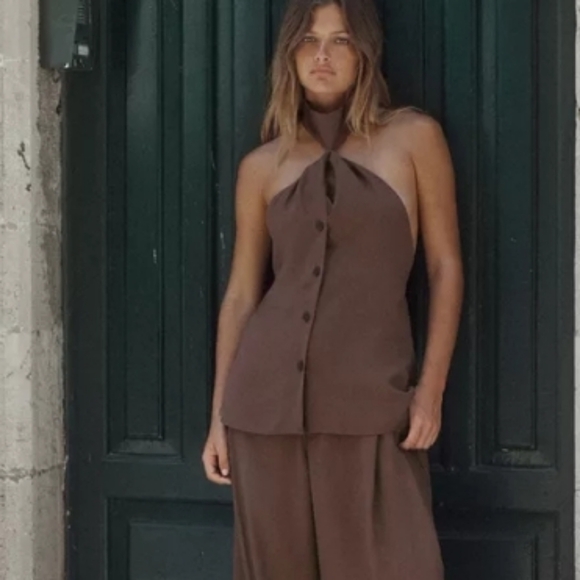 ZARA KNOTTED HALTER TOP VEST NWT BROWN SIZE MEDIUM - Picture 2 of 8